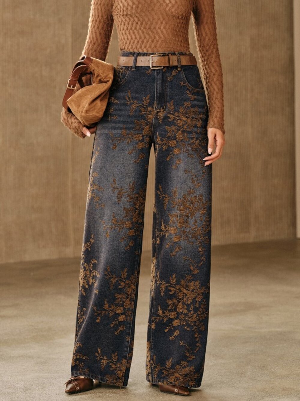 Coffee Brown Boho Women's Jacquard Jeans Straight Leg Pants - Picture 4 of 7
